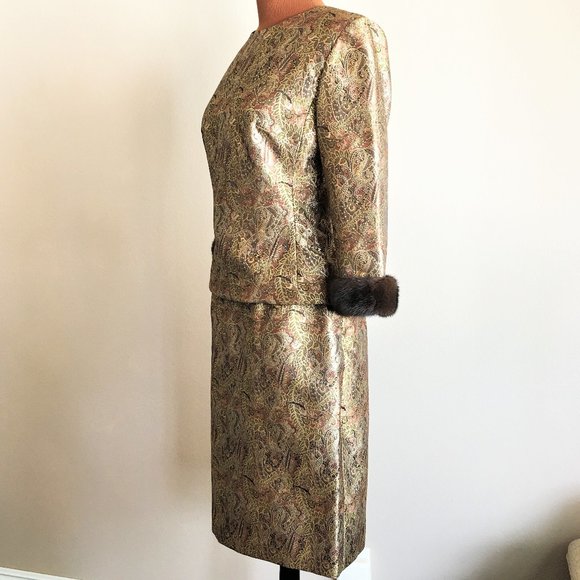 CHETTA B Gold Brocade 2-pc Skirt Set w/Mink Trim - Picture 4 of 16